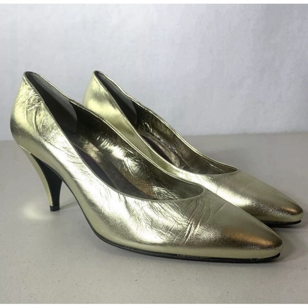 Vintage Handmade Italy Heels‎ 8 Susan Bennis Warren Edwards Gold Leather Pumps